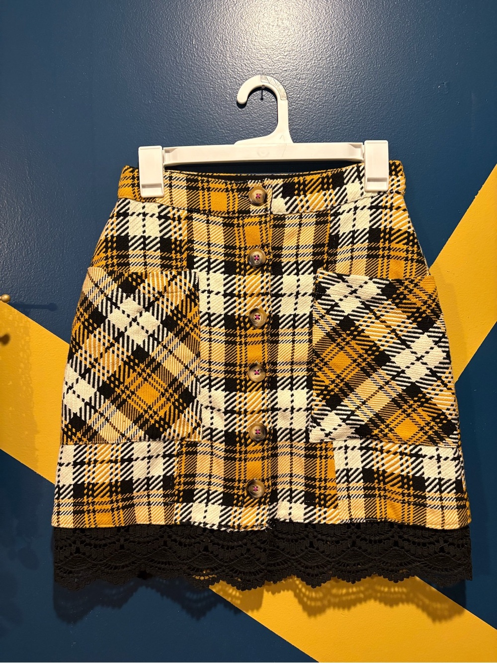 Anthropologie Maeve Mustard, Black & White Plaid & Lace Mini Skirt NWOT